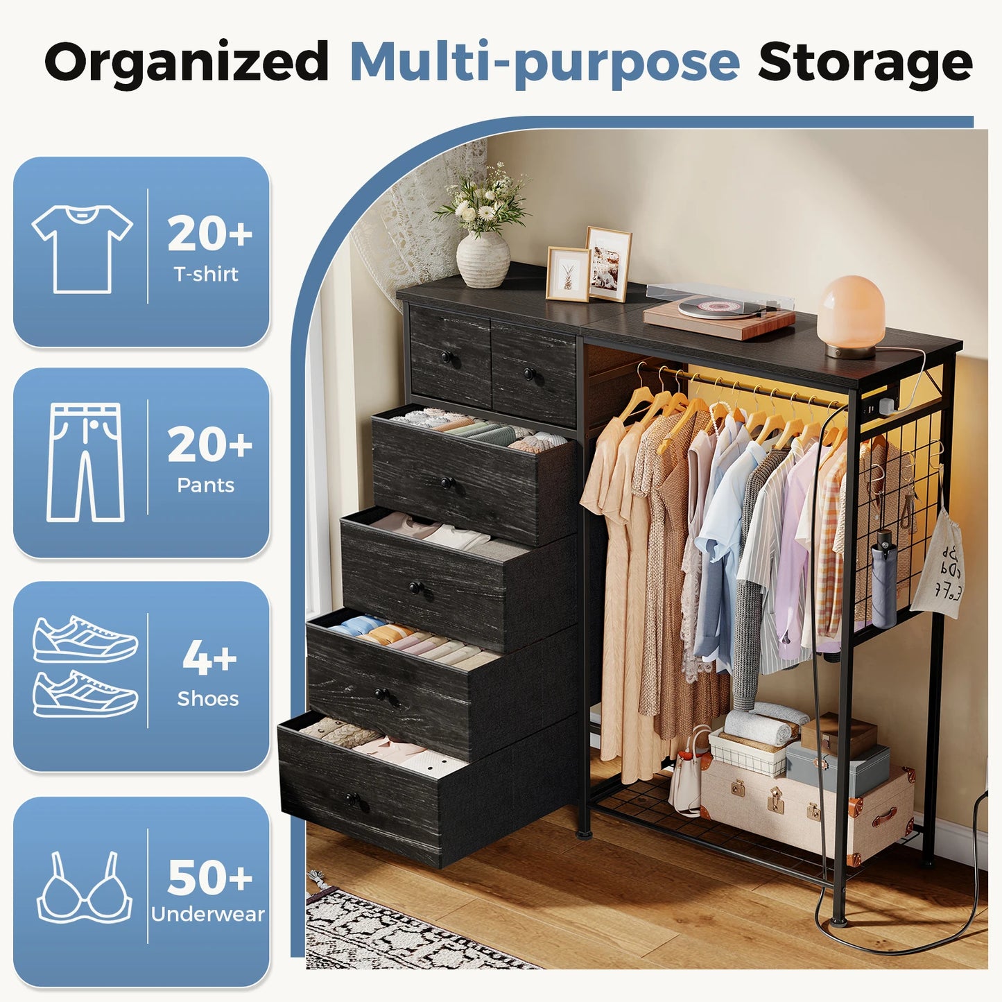 JHK Fabric Dresser With Hanging Rack Charging Station LED Lights