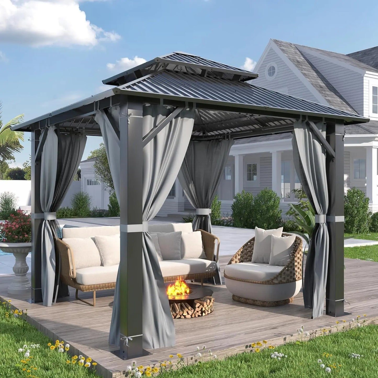DUOFU Aluminum Hardtop Gazebo With Double Vent Roof Netting Curtains