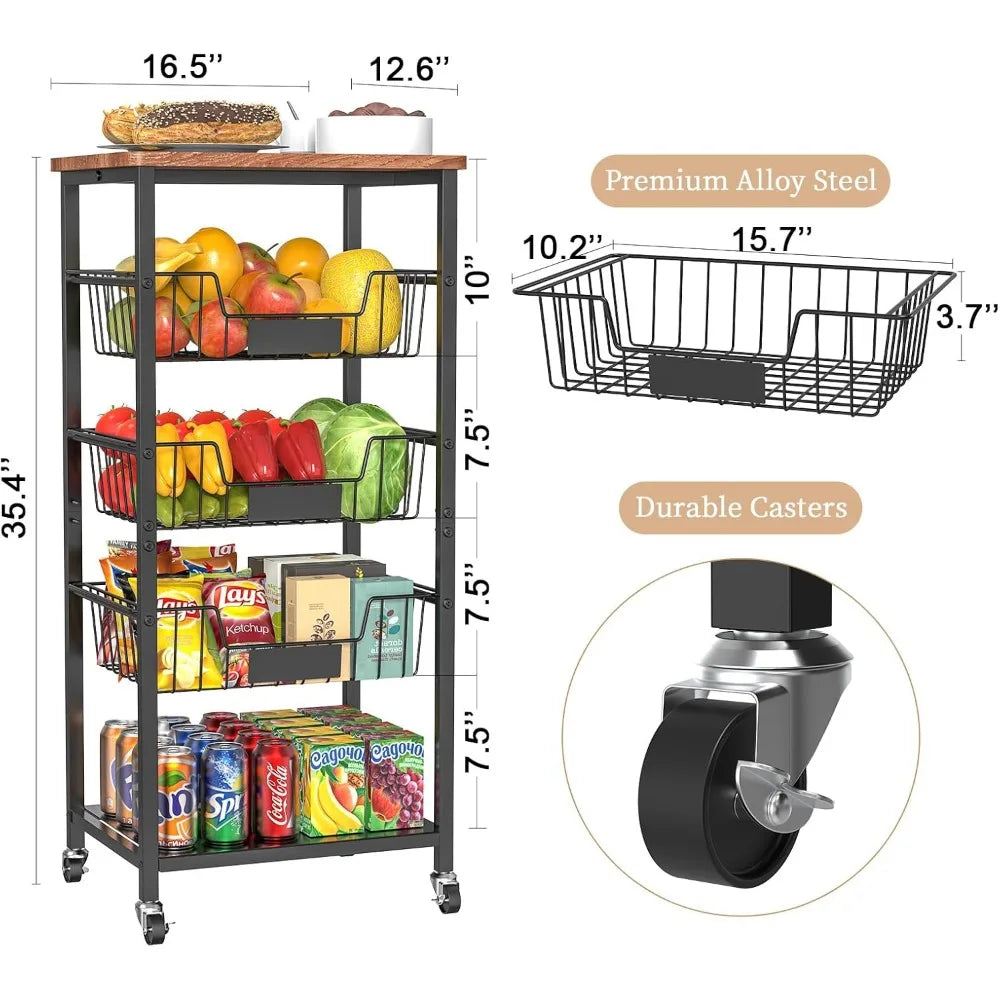 5-Tier Kitchen Storage Cart With Wood Top And Baskets