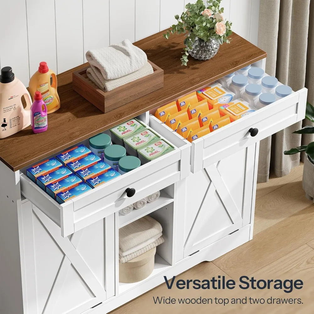 Double Tilt Out Laundry Hamper Cabinet With 2 Drawers And Shelves