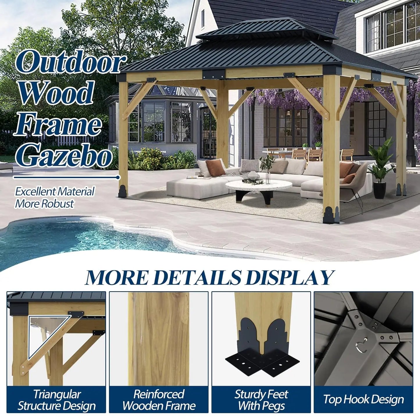 Wooden Outdoor Gazebo With Galvanized Steel Hardtop And UV Protection