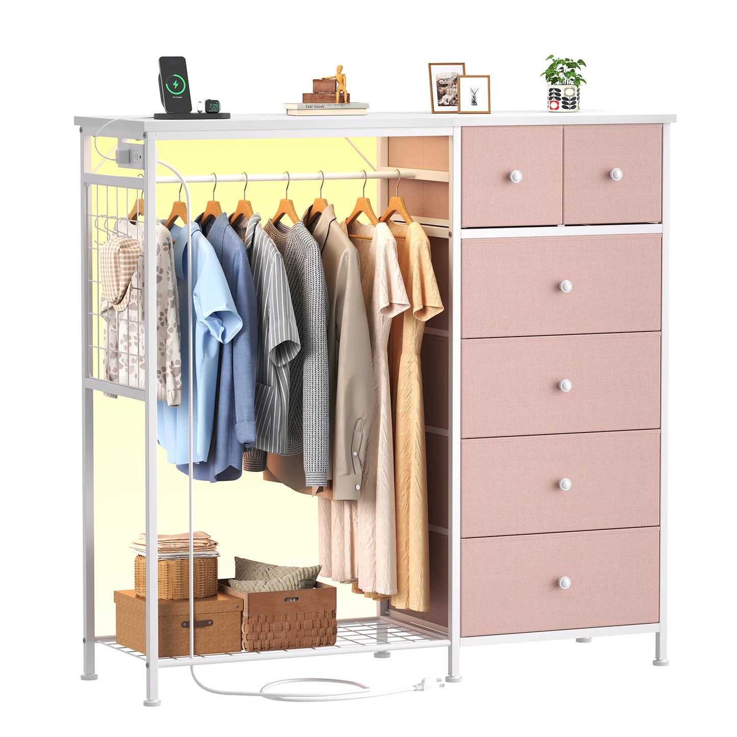 JHK Fabric Dresser With Hanging Rack Charging Station LED Lights