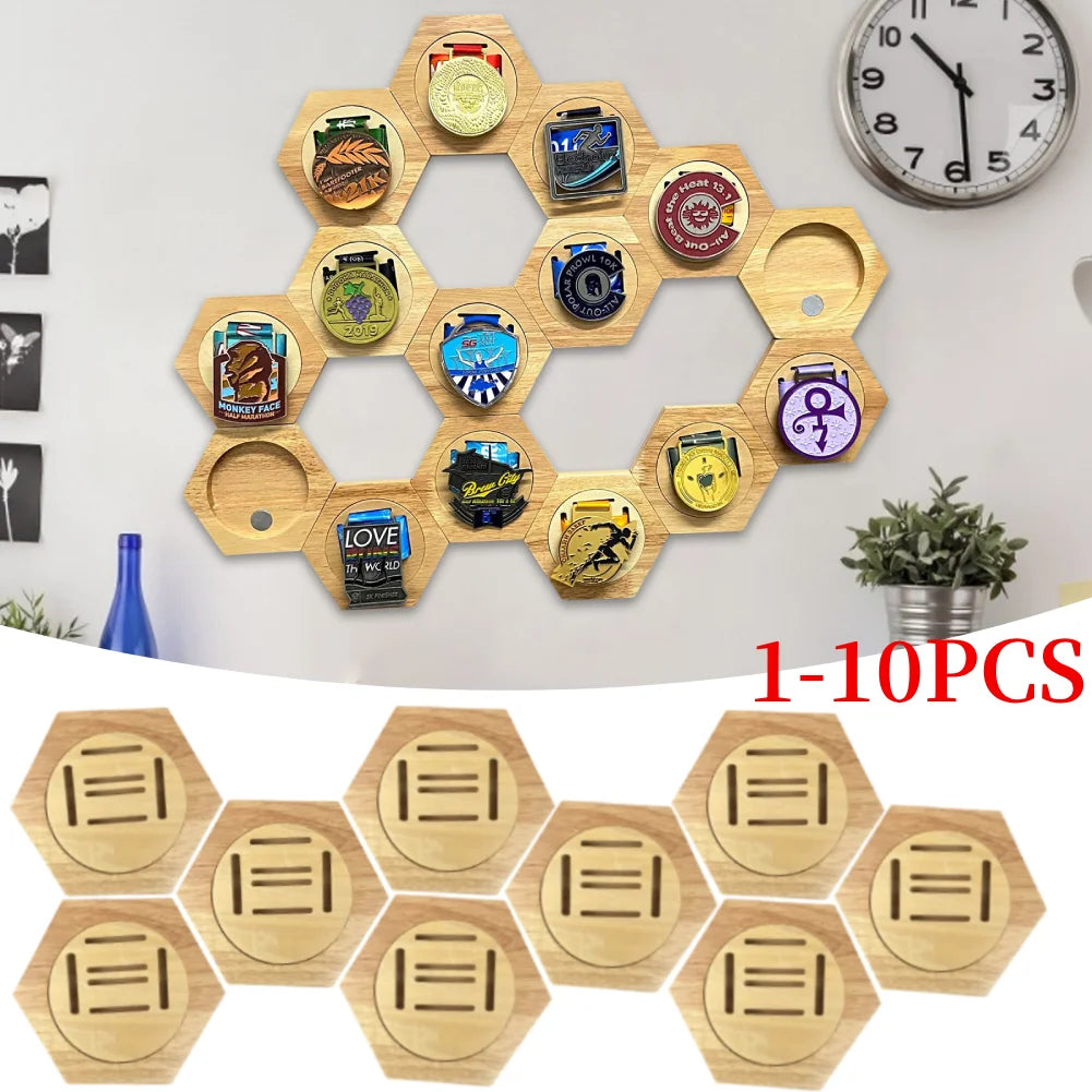 Hexagonal Pine Wood Medal Display Stand For Sports And Races