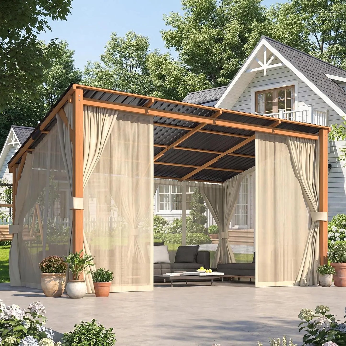 Hard Top Lean-To Gazebo Pergola Curtains Netting