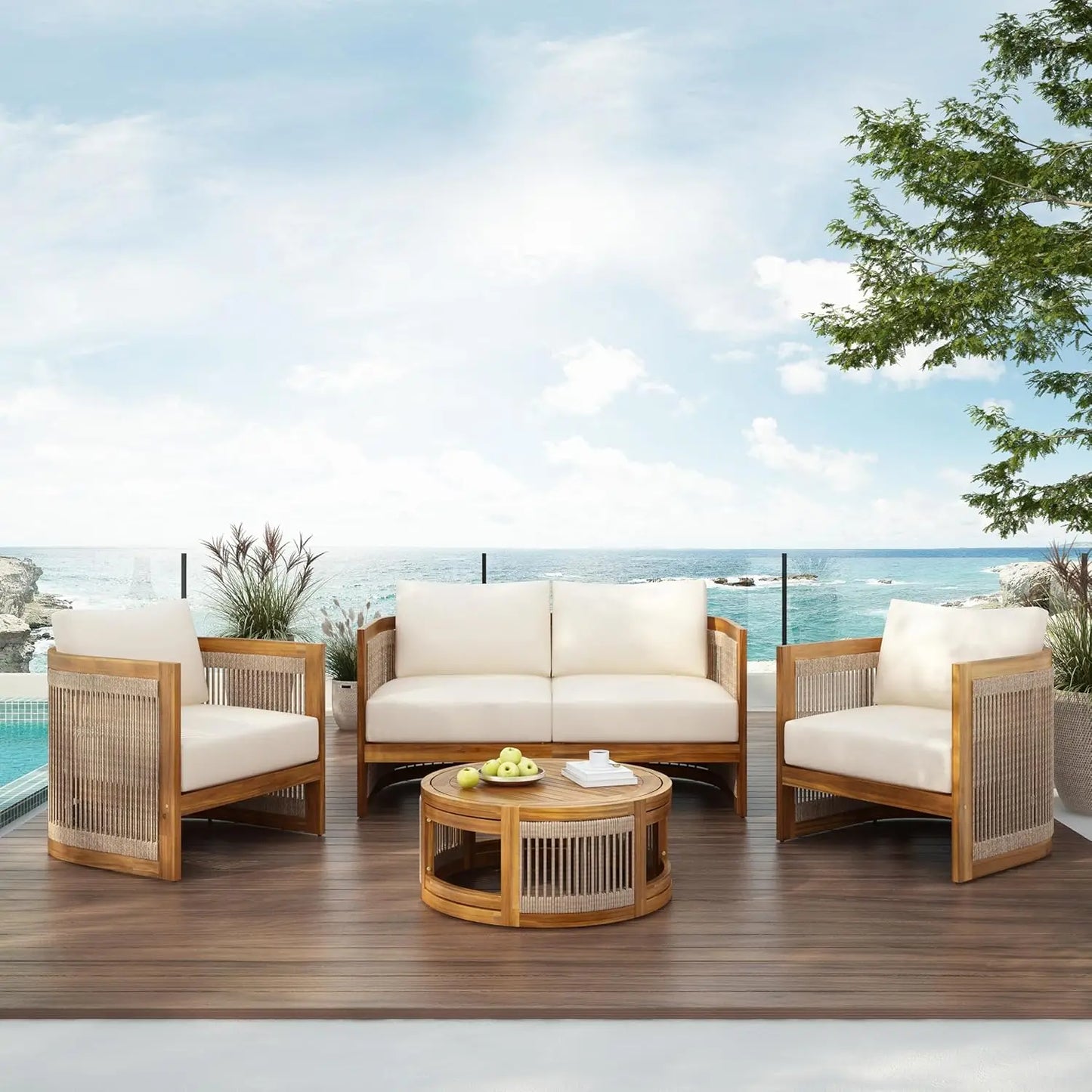 Acacia Wood Outdoor 4 Piece All Weather Patio Conversation Set