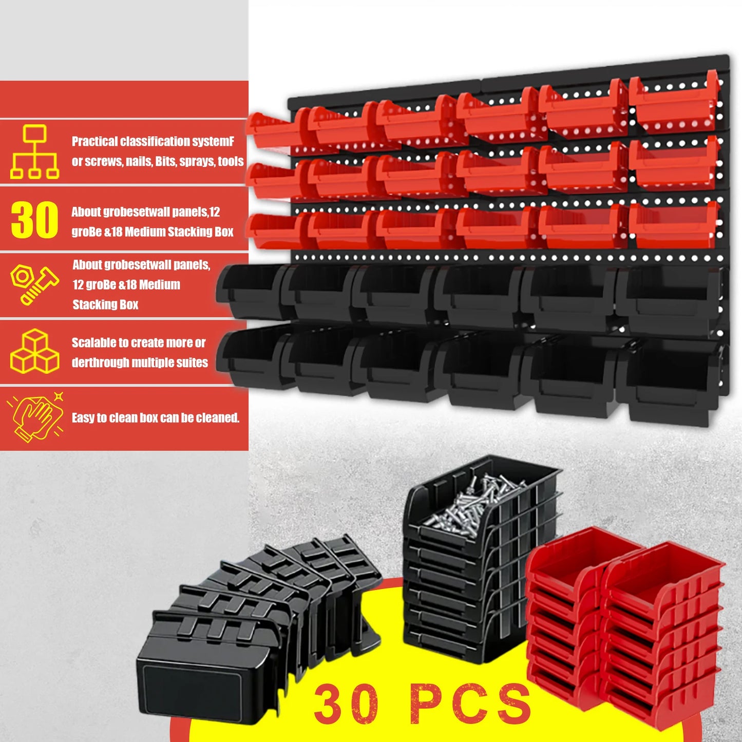 Wall Mounted Storage Bins Set Plastic Garage Tool Organizer