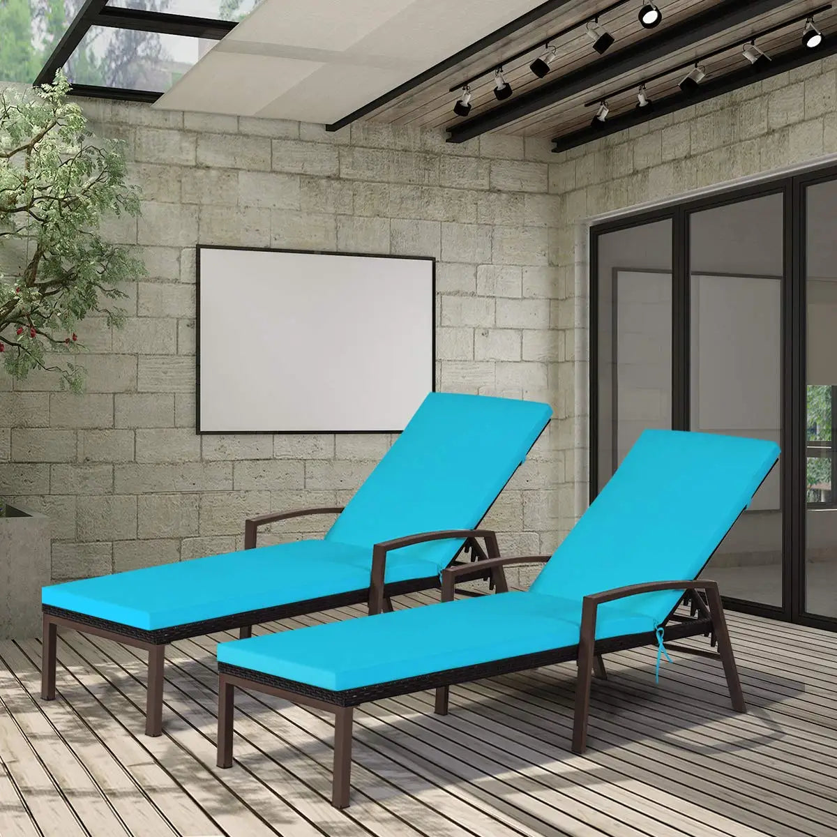 Patio Rattan Chaise Lounge Two Piece Set With Cushioned Armrests