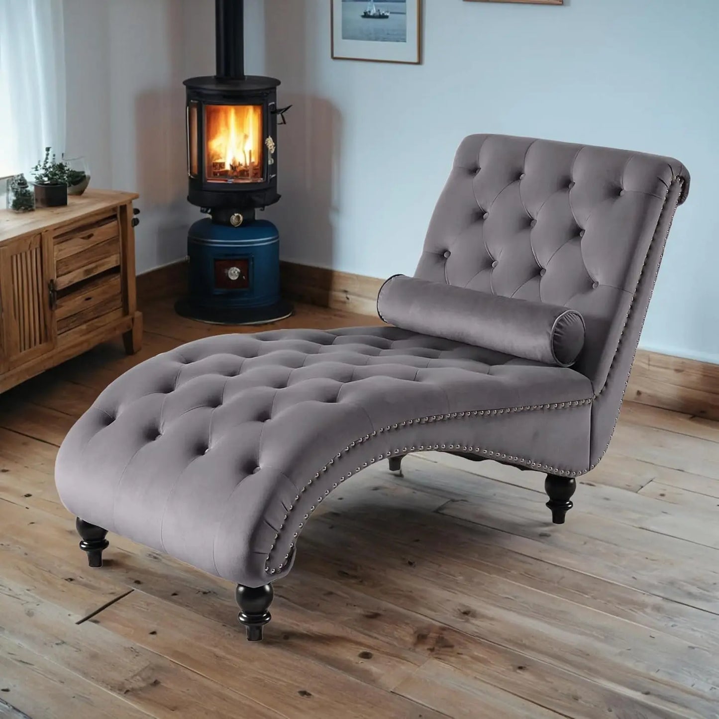Armless Velvet Chaise Lounge Chair With Tufted Back And Pillow