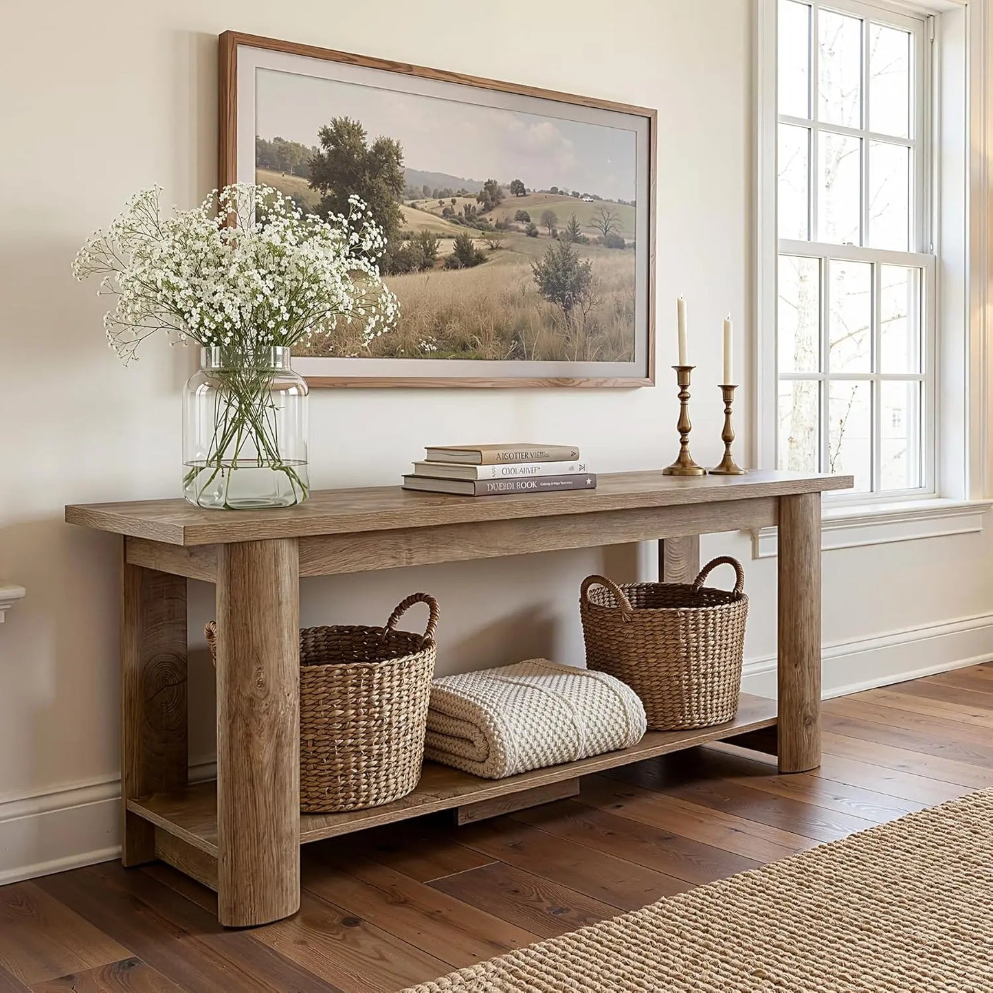 Farmhouse TV Stand Entertainment Center With 2-Tier Storage Shelf