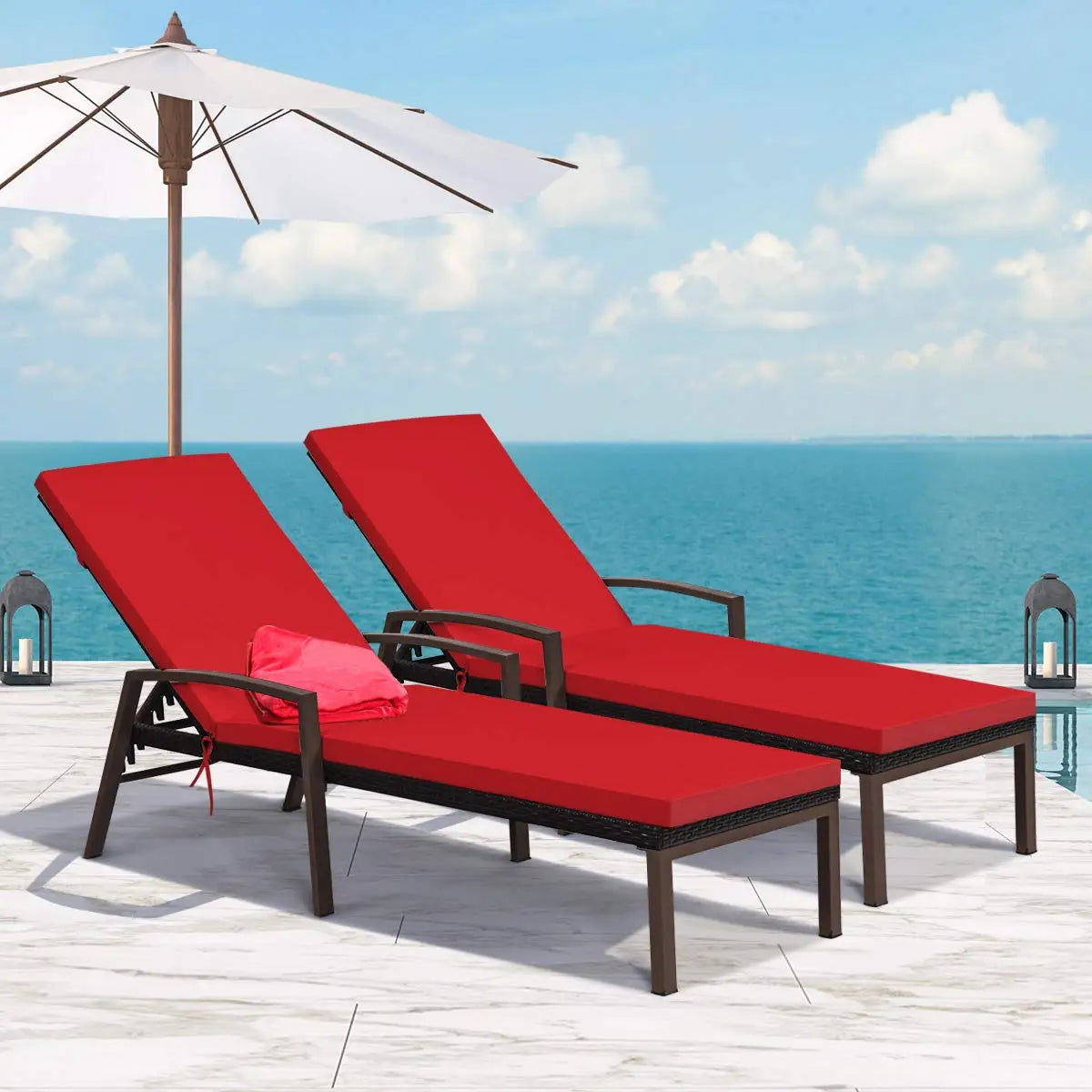 Patio Rattan Chaise Lounge Two Piece Set With Cushioned Armrests