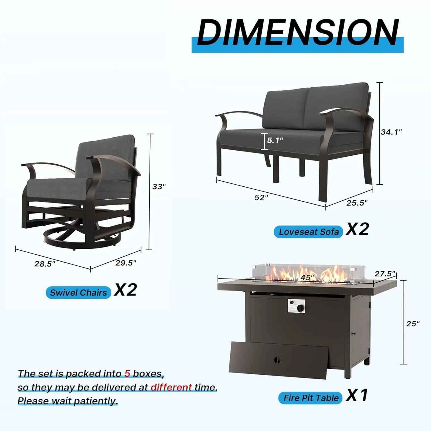 Aluminum Patio Furniture Set With Fire Pit And Waterproof Chairs