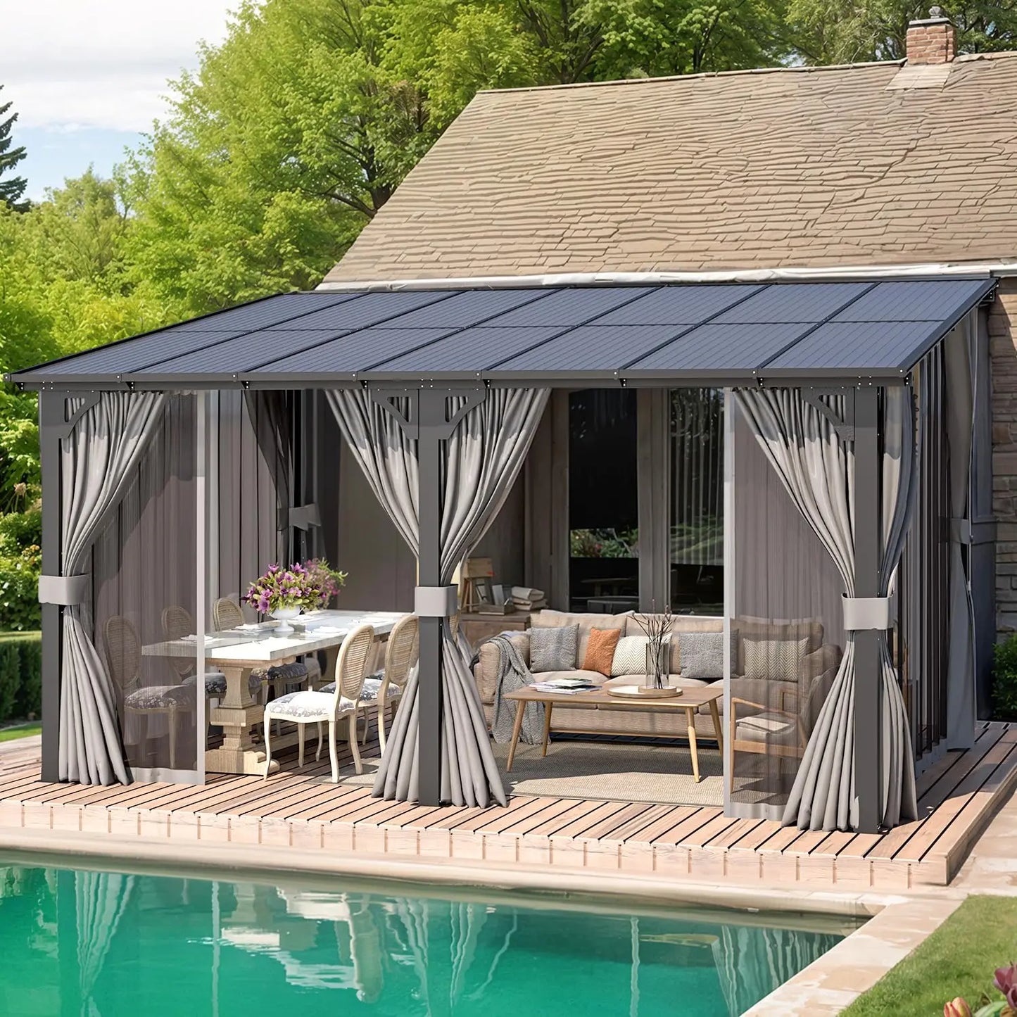 Hard Top Lean-To Gazebo Pergola Curtains Netting