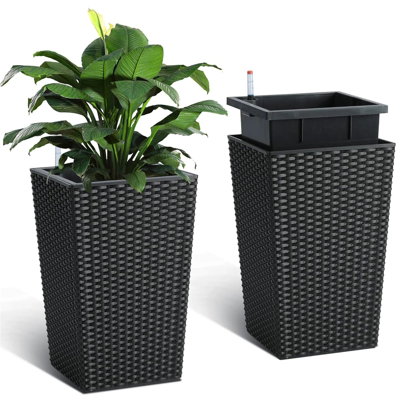 DishyKooker Rattan Planter Set With Water Level Monitor And Wheels