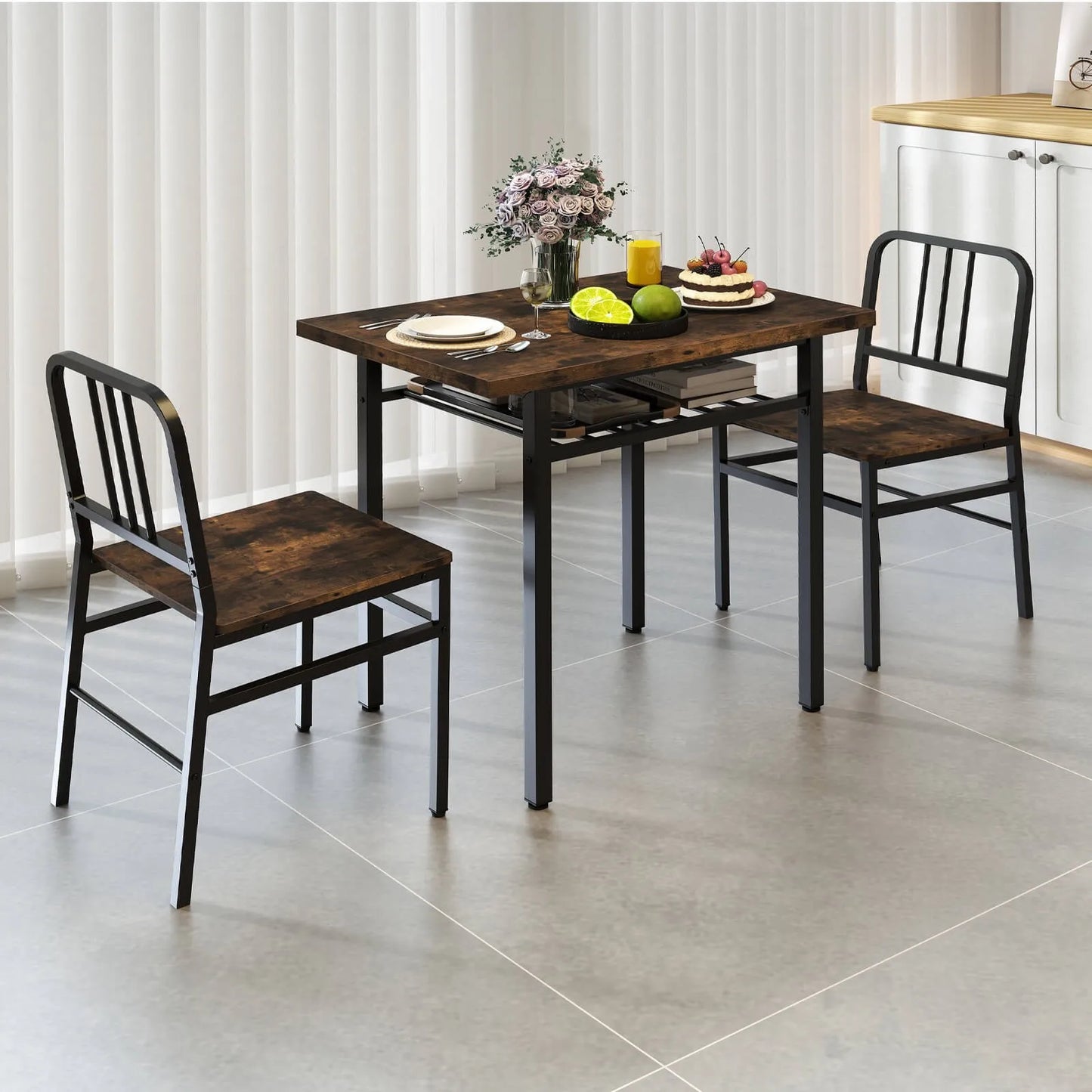 3 Piece Wooden Dining Table And Chairs Set With Storage