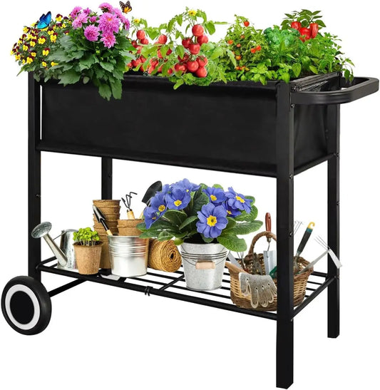 Raised Planter Box On Wheels For Outdoor Plants And Herbs