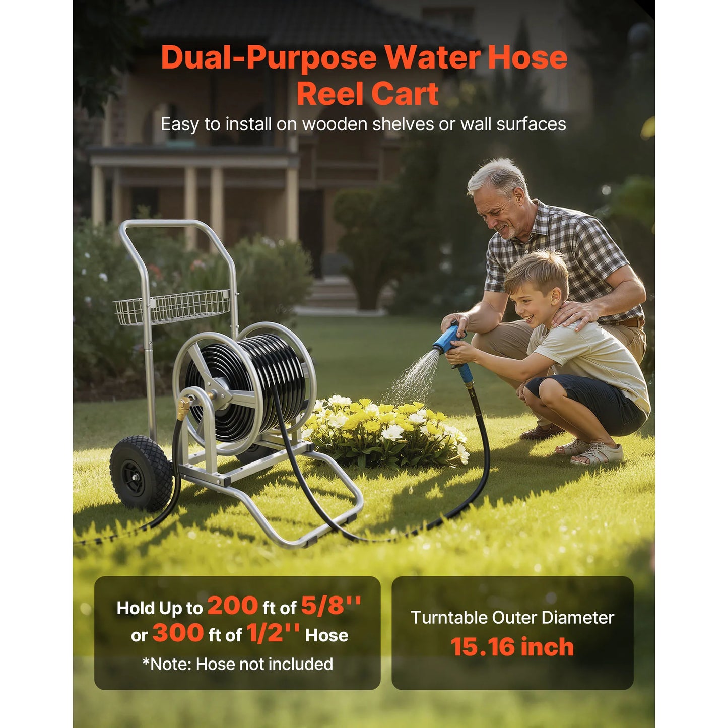 SucceBuy Water Hose Reel Cart For Garden With Mesh Basket