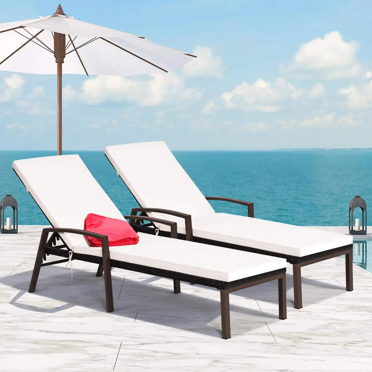 Patio Rattan Chaise Lounge Two Piece Set With Cushioned Armrests