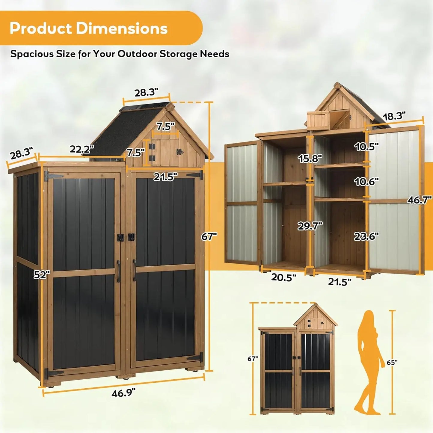 Outdoor Storage Cabinet Wood Metal Garden Shed With Lockable Doors