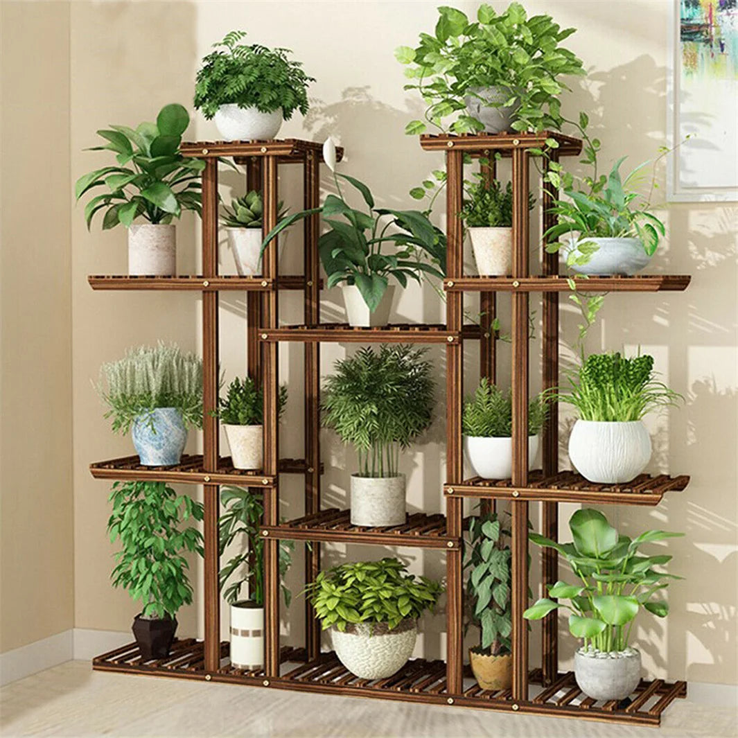 11 Tier Wood Plant Stand Carbonized Pot Display Shelf