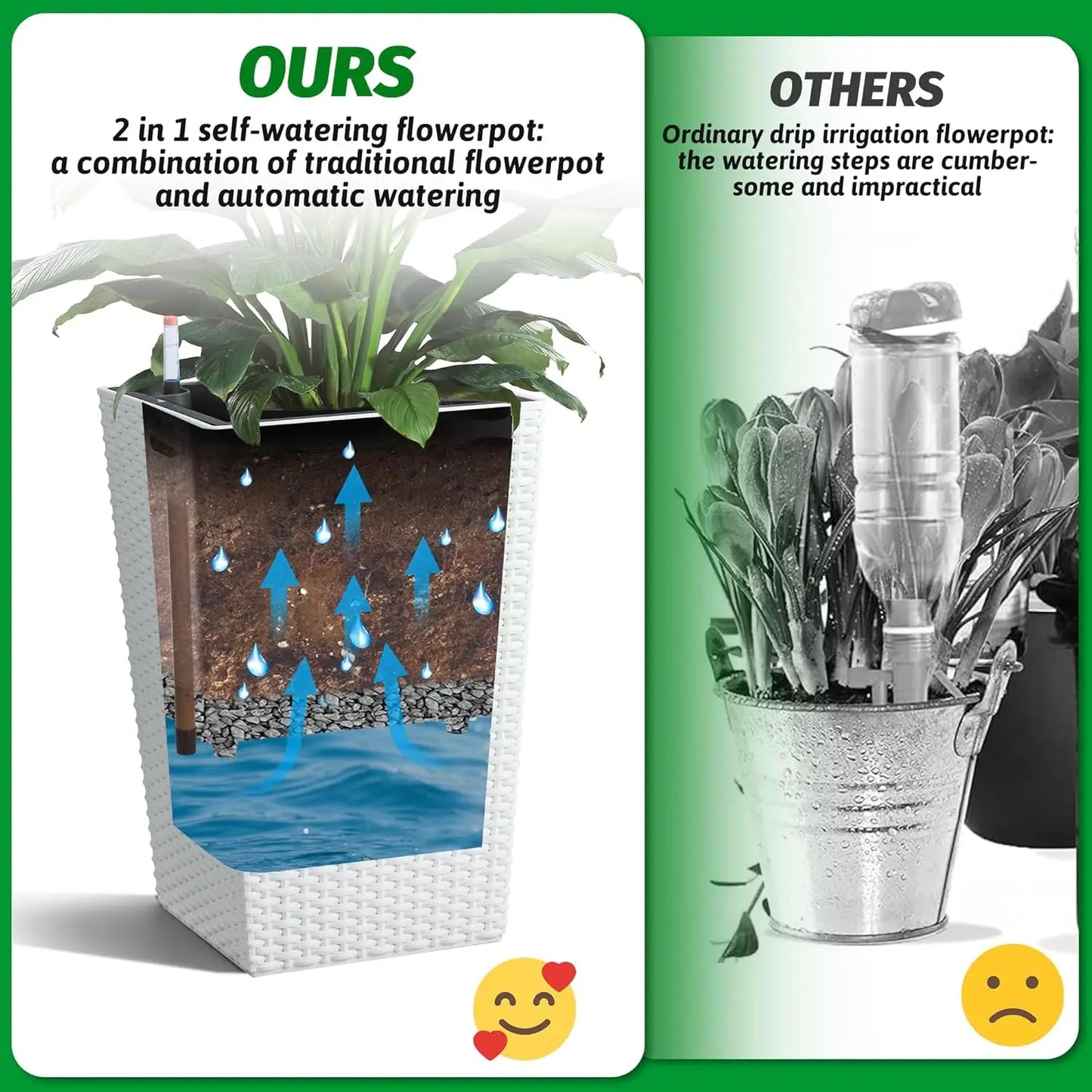 DishyKooker Rattan Planter Set With Water Level Monitor And Wheels