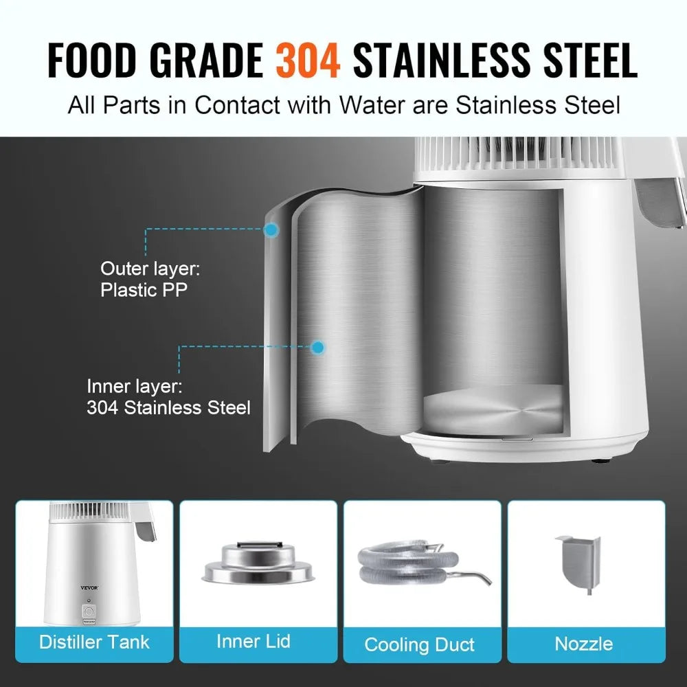 Water Distiller 750W Countertop With Auto-Shutdown And BPA-Free Container