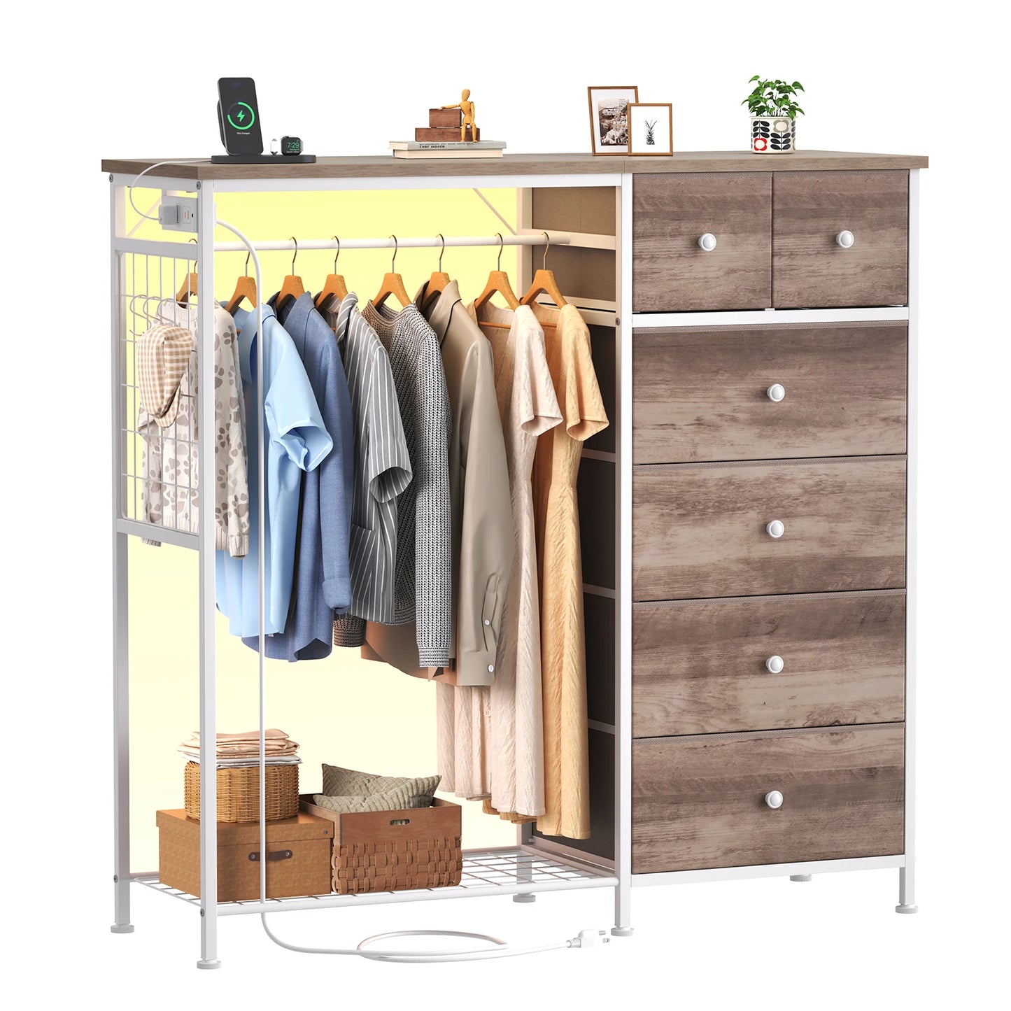 JHK Fabric Dresser With Hanging Rack Charging Station LED Lights