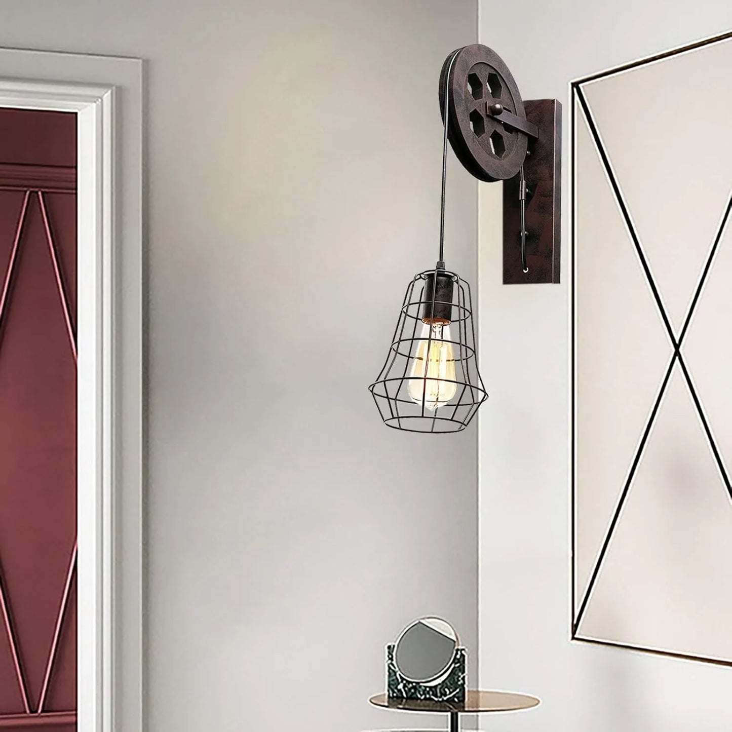 Bymaocar Industrial Wall Sconce Lift Pulley Vintage Farmhouse Lamp