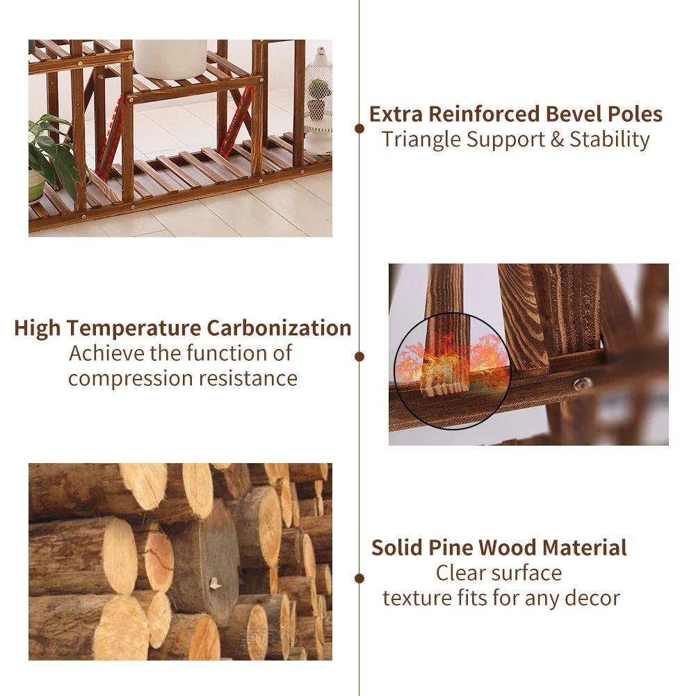 11 Tier Wood Plant Stand Carbonized Pot Display Shelf Indoor