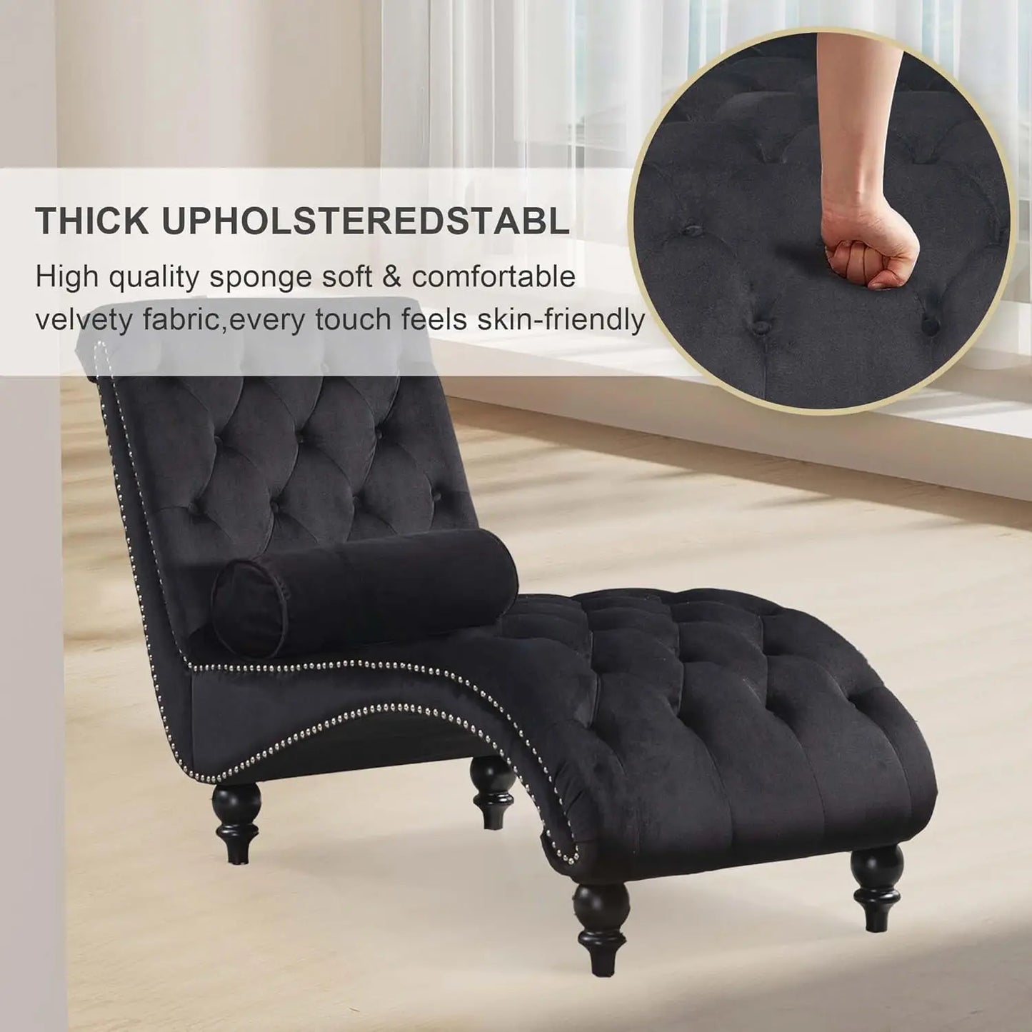 Armless Velvet Chaise Lounge Chair With Tufted Back And Pillow