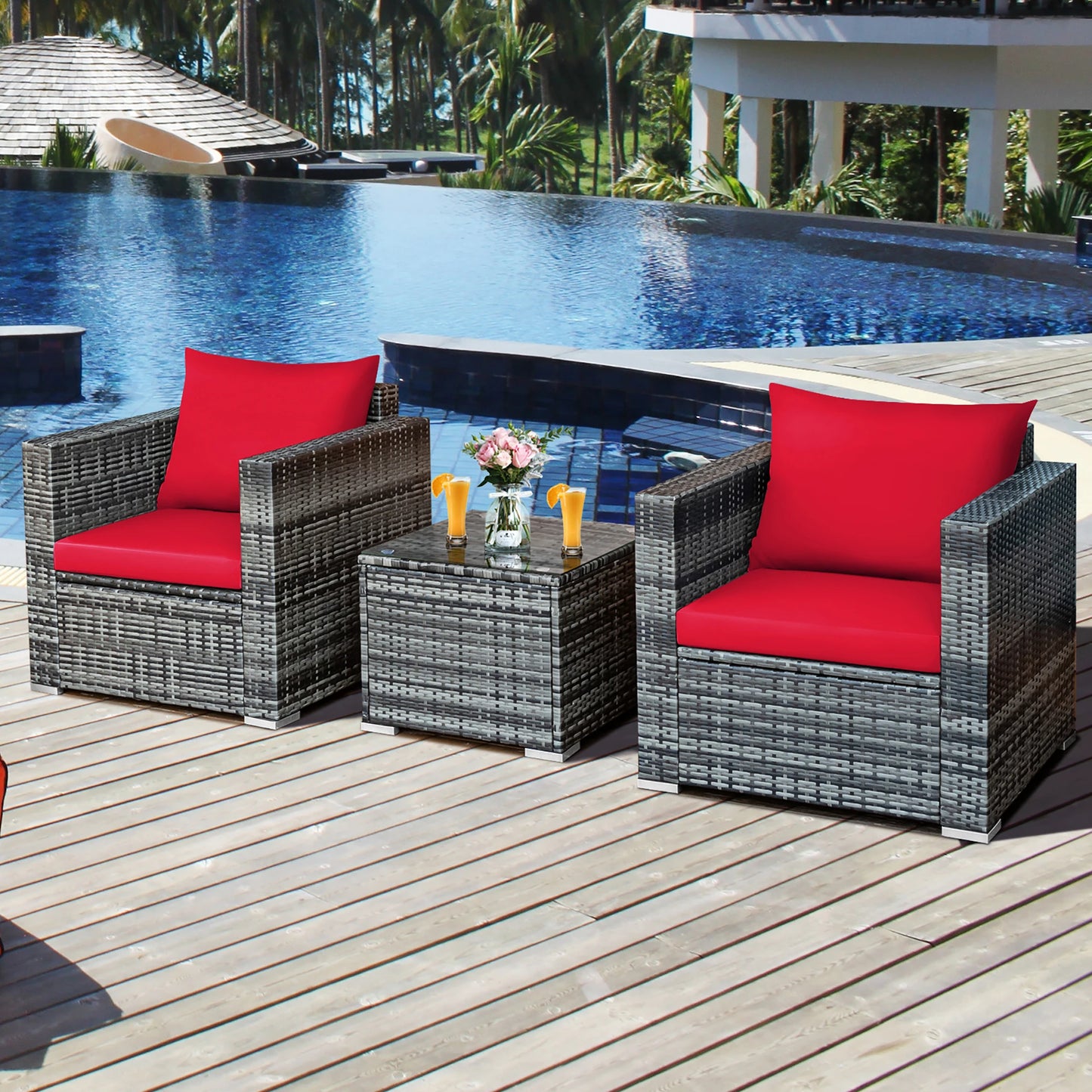 HOMASIS 3 Piece Patio Rattan Bistro Set With Cushioned Chairs