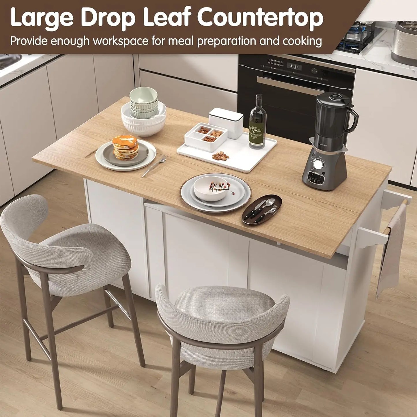 Kitchen Storage Island With Drop Leaf And Rolling Cabinet Cart