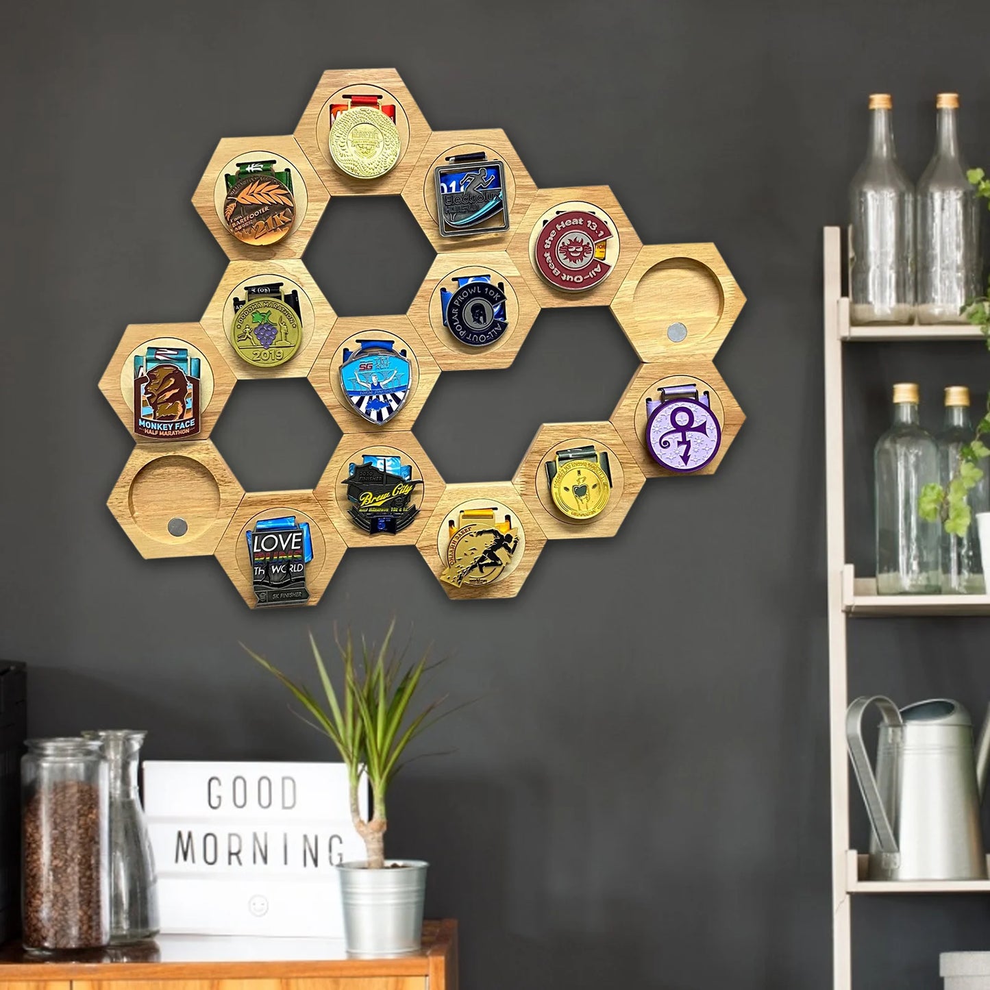 Hexagonal Pine Wood Medal Display Stand For Sports And Races