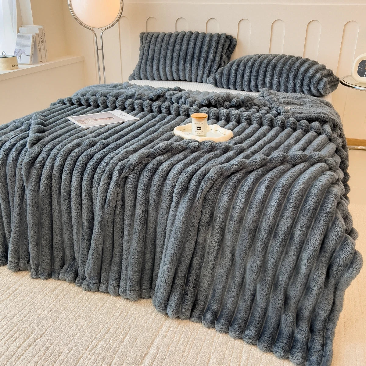 Thick Solid Color Wide Striped Multifunction Blanket for Bed