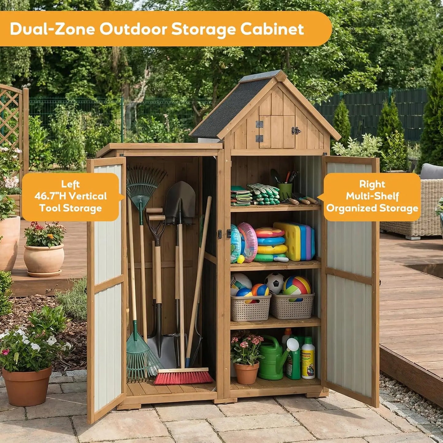 Outdoor Storage Cabinet Wood Metal Garden Shed With Lockable Doors