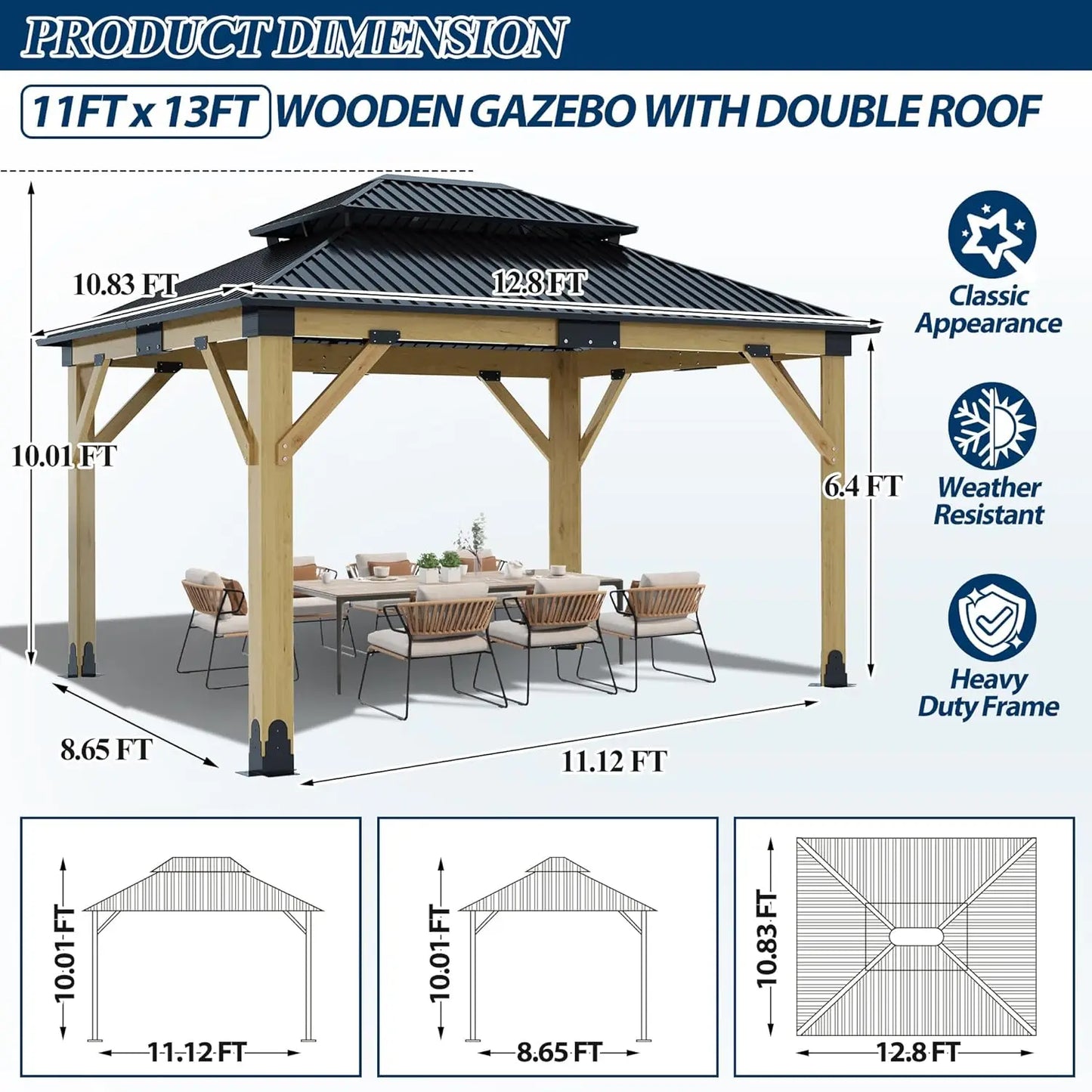 Wooden Outdoor Gazebo With Galvanized Steel Hardtop And UV Protection