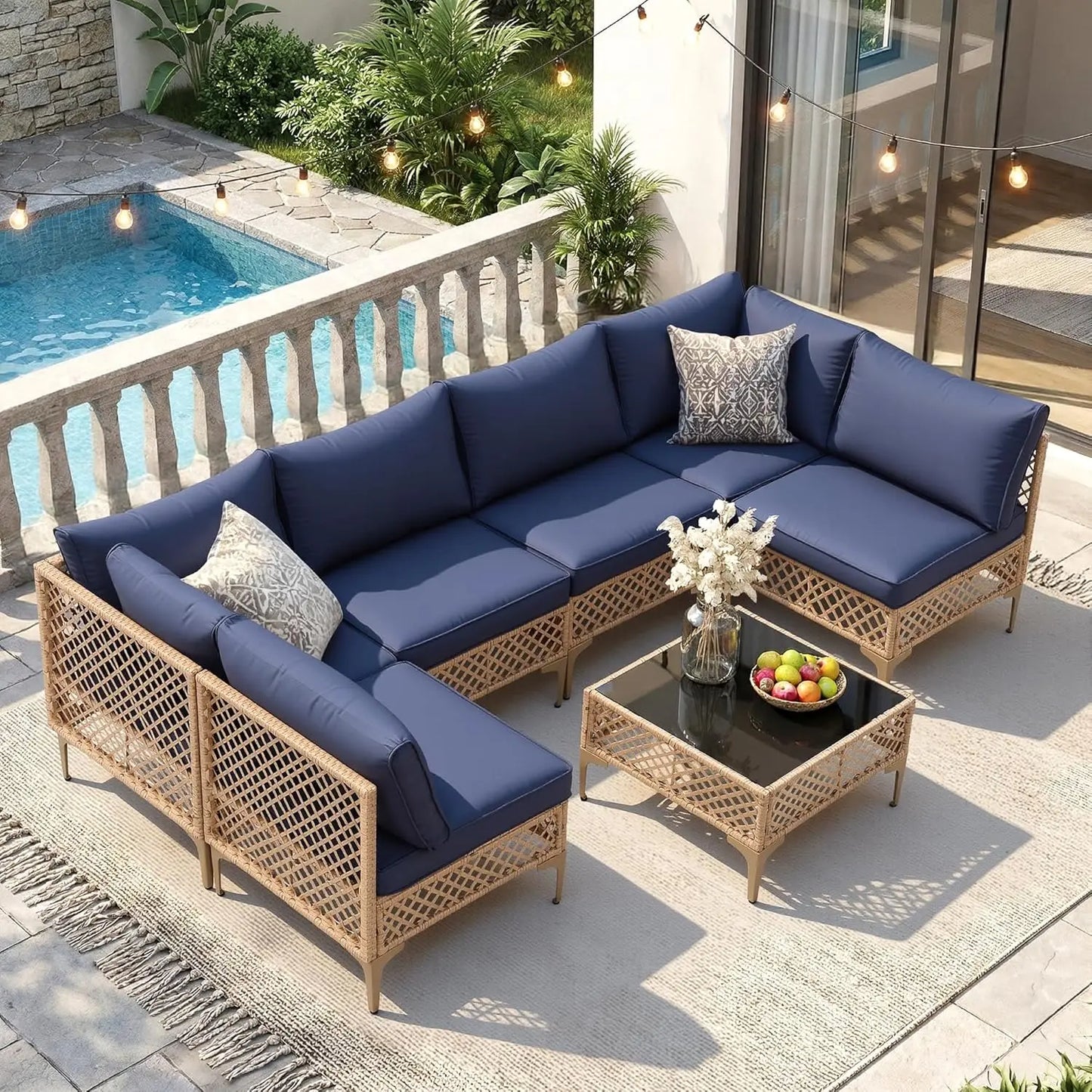 7 Piece Wicker Patio Sectional Sofa Set With Cushions And Glass Table