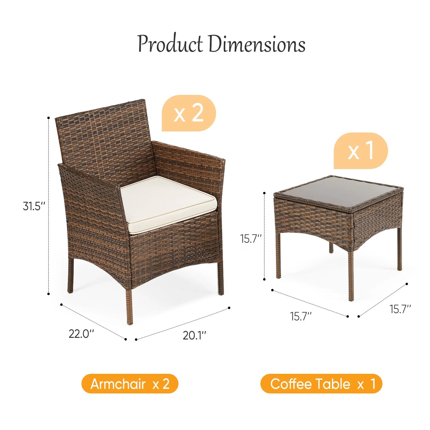 JHK 3-Piece Wicker Rattan Patio Furniture Set With Glass Table