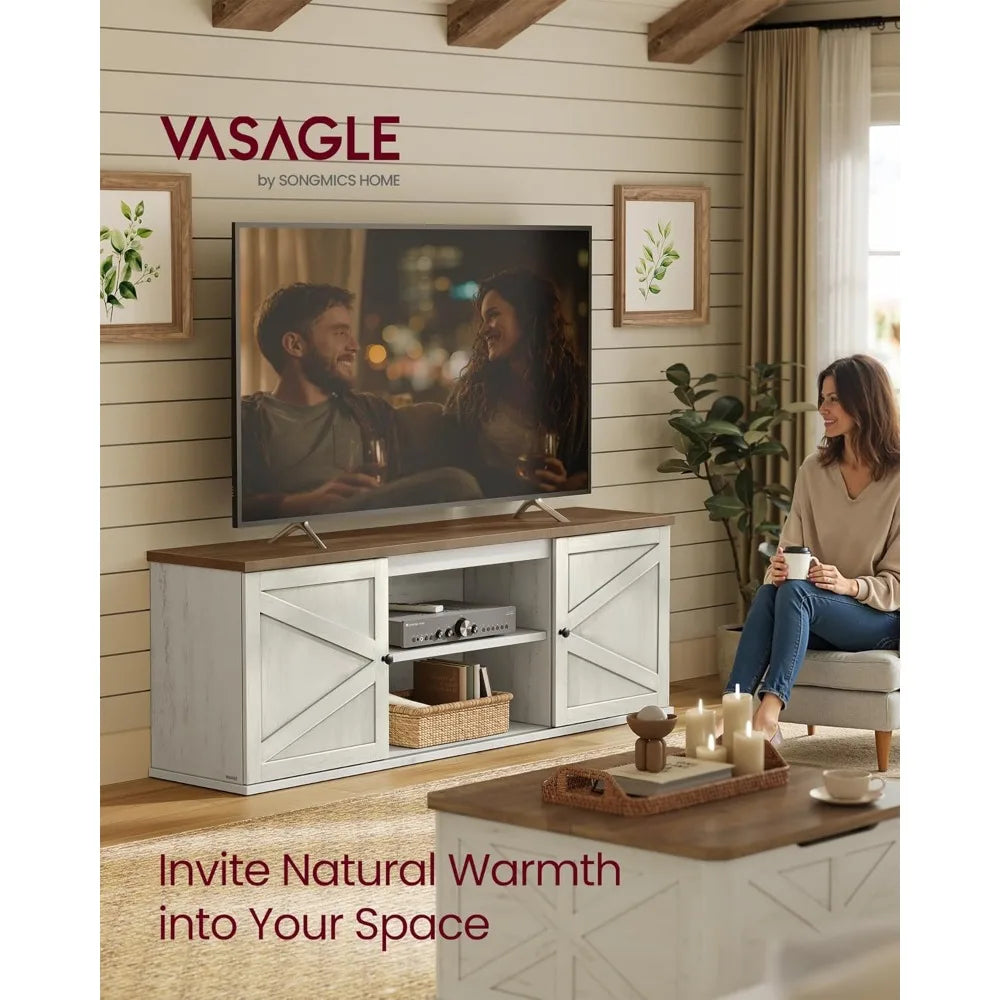 Frame Farmhouse TV Stand With Sliding Barn Doors And Cabinets