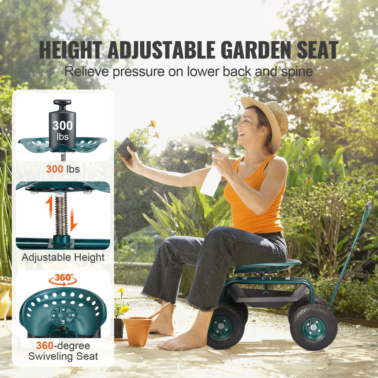 SucceBuy Garden Cart Rolling Workseat With Wheels 360 Degree Swivel