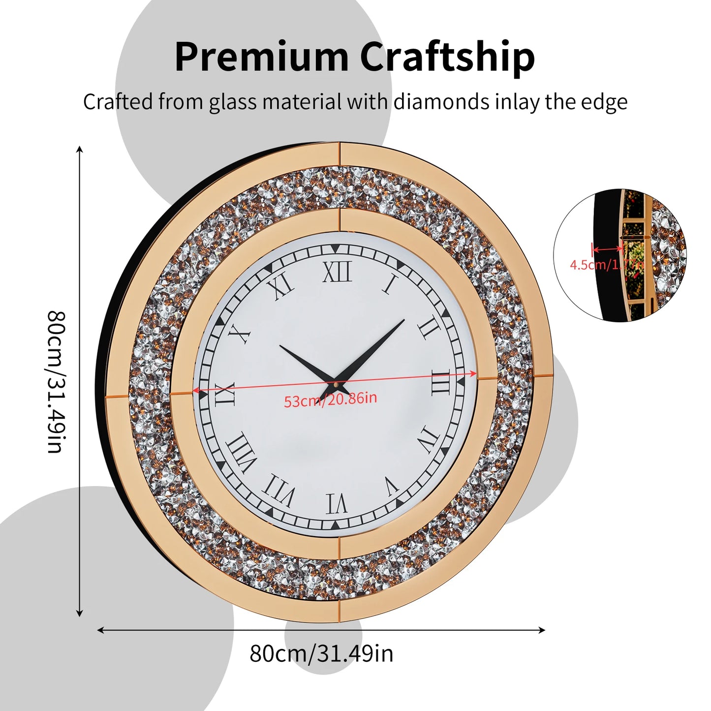 Round Mirror Clock With Crystal Accents For Wall Decor