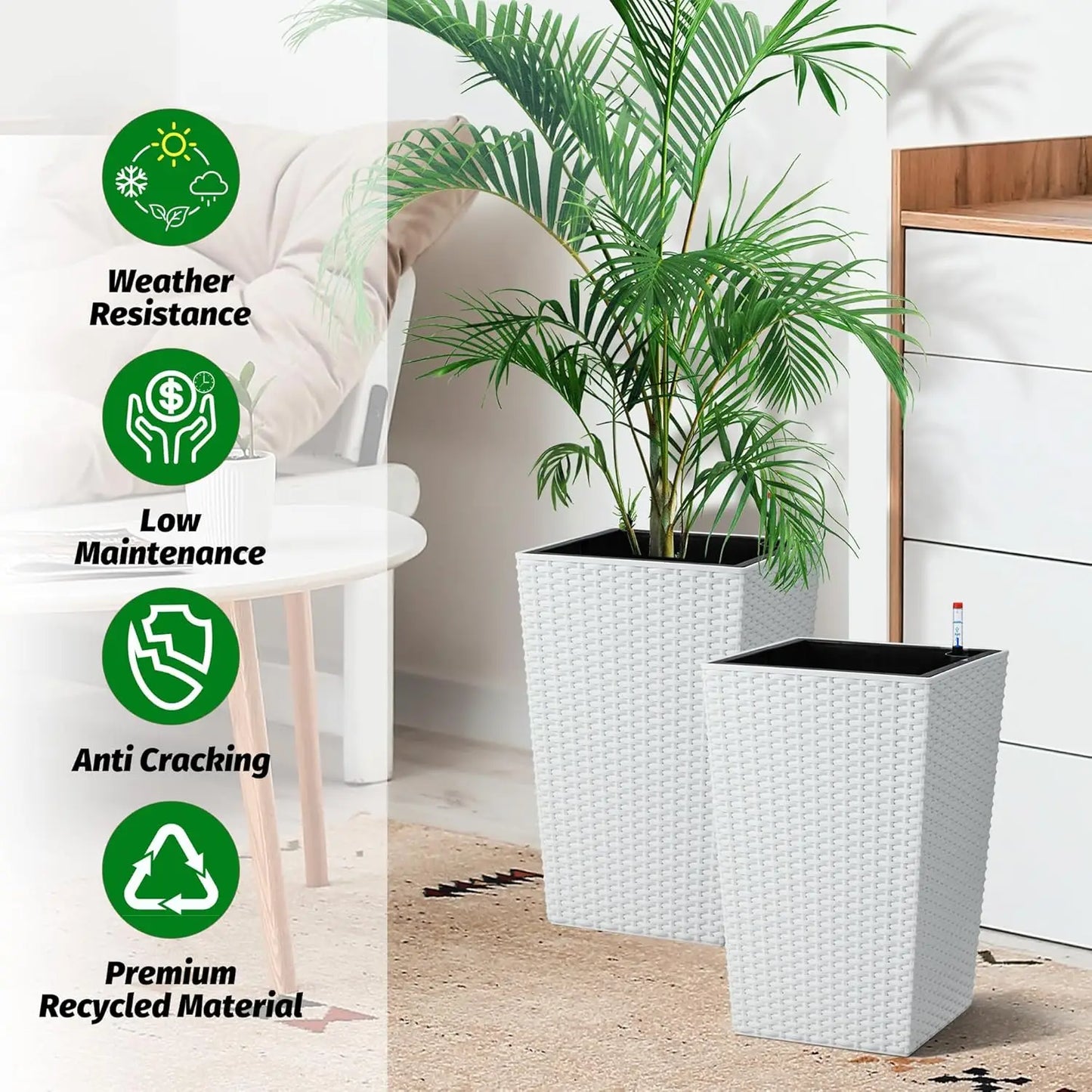DishyKooker Rattan Planter Set With Water Level Monitor And Wheels