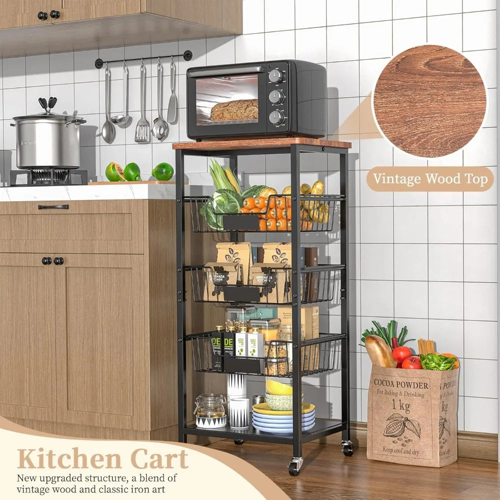 5-Tier Kitchen Storage Cart With Wood Top And Baskets
