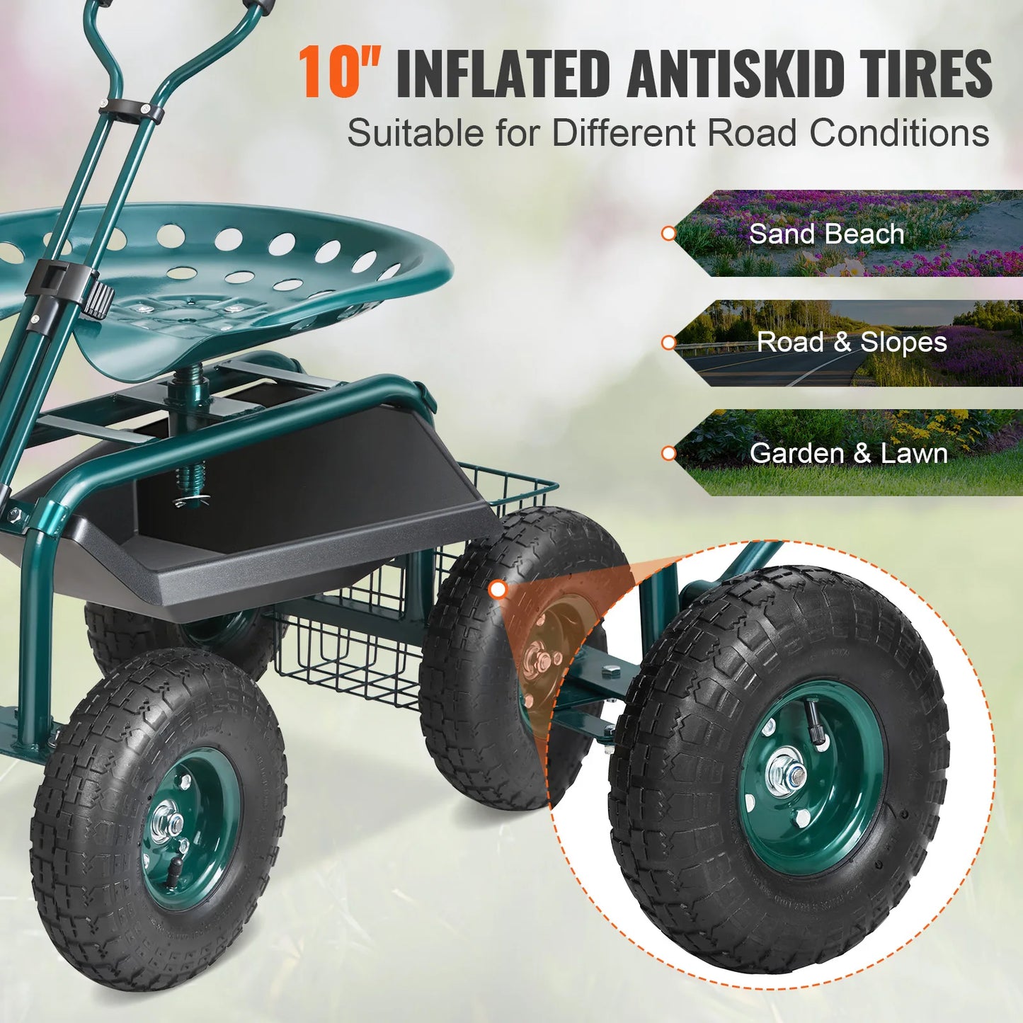 SucceBuy Garden Cart Rolling Workseat With Wheels 360 Degree Swivel