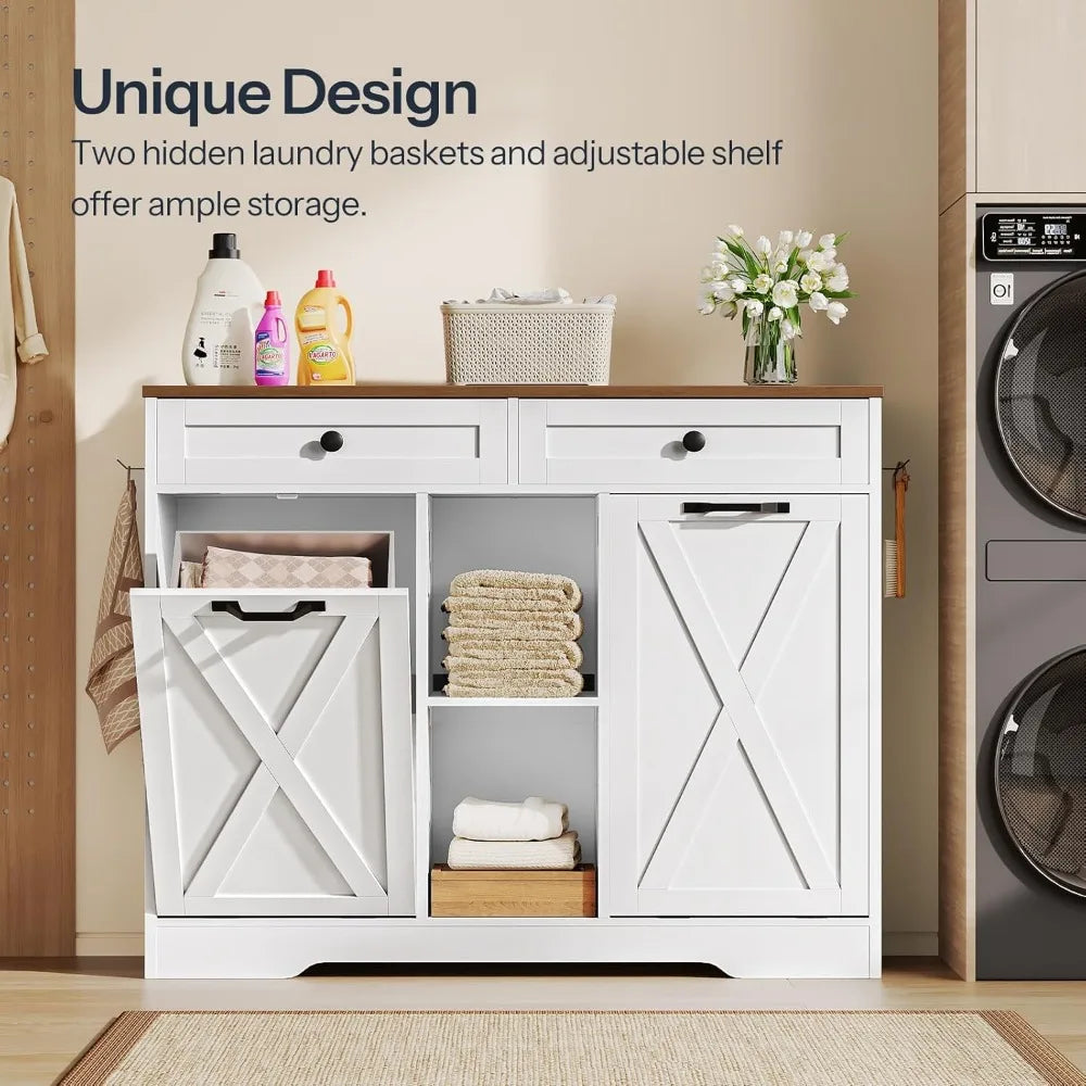Double Tilt Out Laundry Hamper Cabinet With 2 Drawers And Shelves