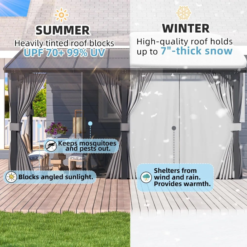 Hard Top Lean-To Gazebo Pergola Curtains Netting