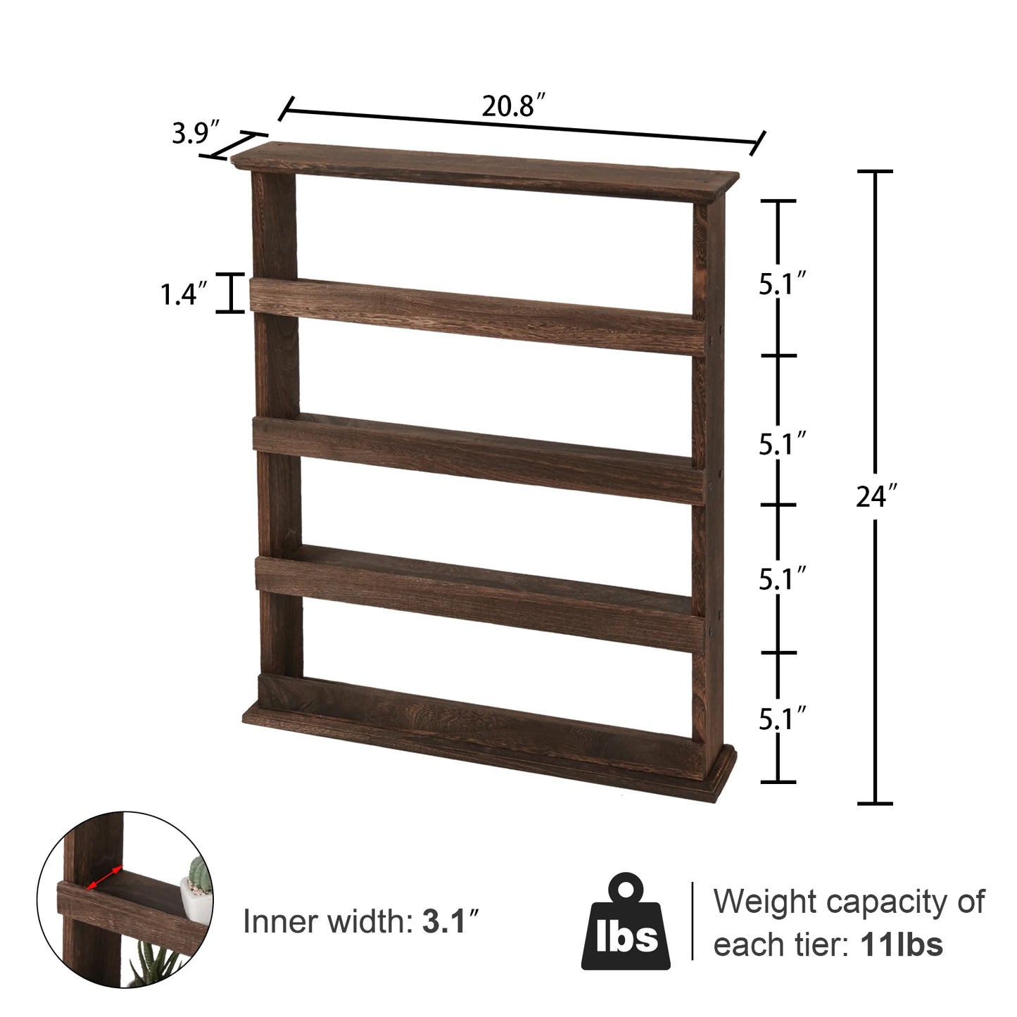 Rustic Torched Wood Wall Mount 4-Tier Spice Rack Organizer