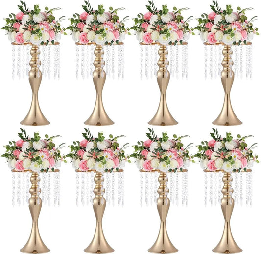 VINCIGANT Gold Metal Flower Stands With Crystal Beads Wedding Centerpieces