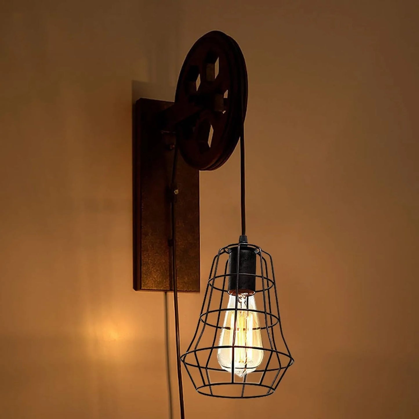 Bymaocar Industrial Wall Sconce Lift Pulley Vintage Farmhouse Lamp