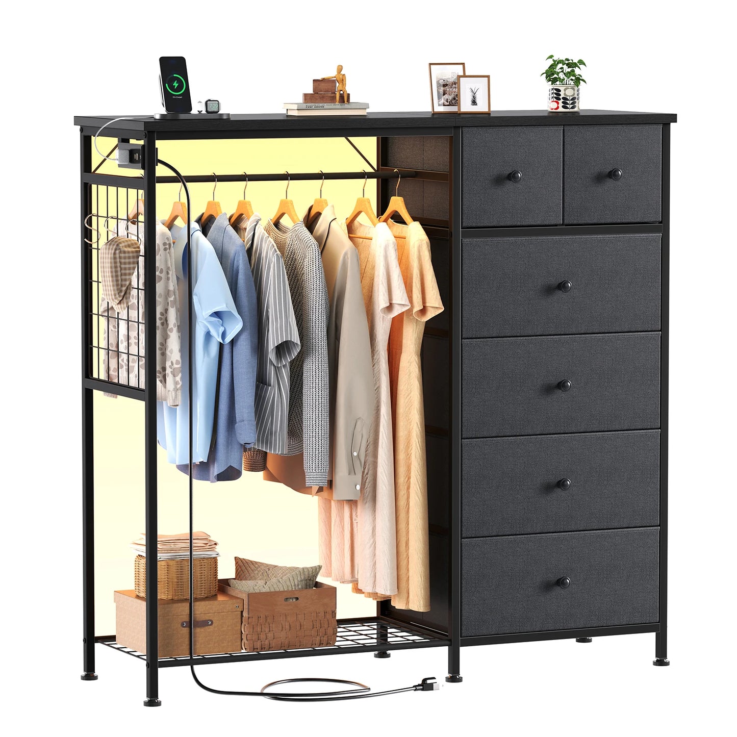 JHK Fabric Dresser With Hanging Rack Charging Station LED Lights