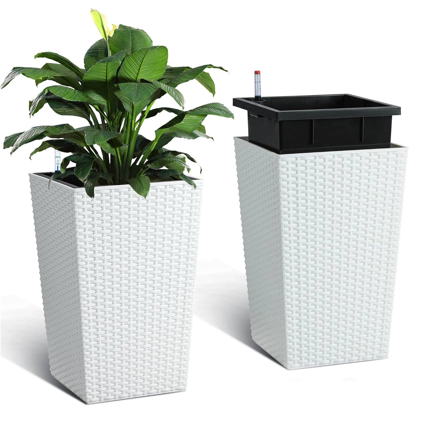 DishyKooker Rattan Planter Set With Water Level Monitor And Wheels